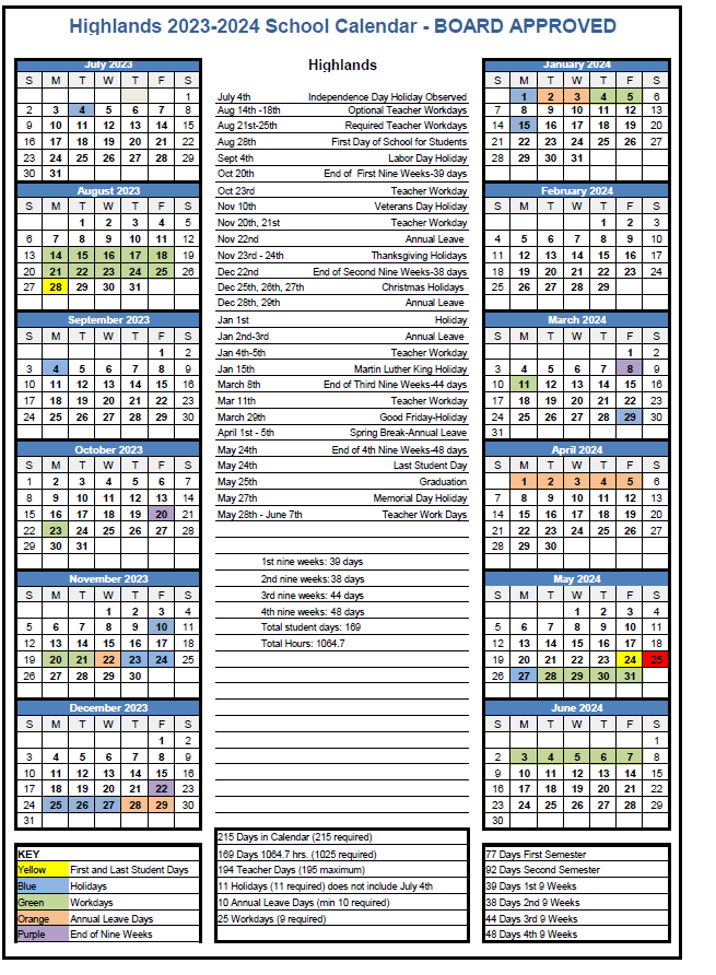 2023-2024 Highlands School Calendar